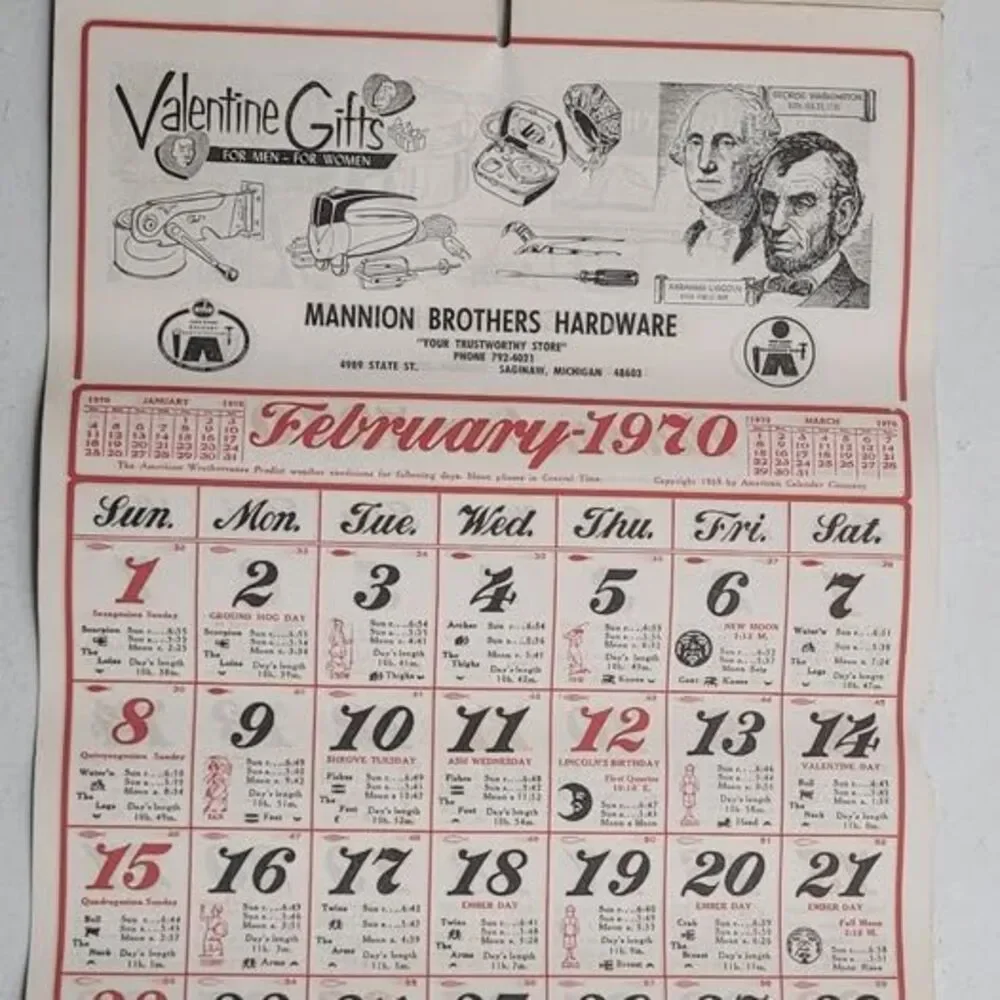 Vintage 1970 Mannion Brothers Hardware Calendar